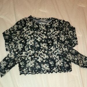 Floral Lace Mesh Long Sleeve Semi-crop Top